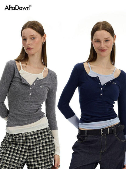 AFTADAWN Colorblock Faux Two Piece Henley Women&