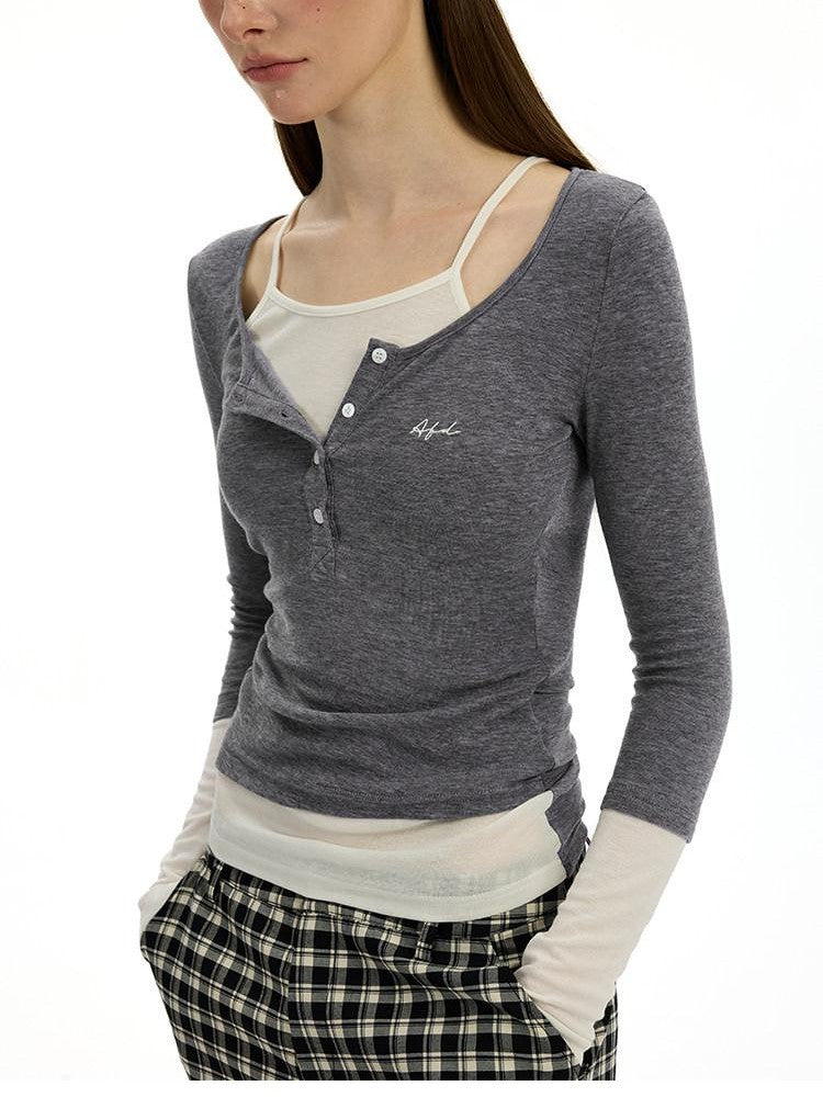 AFTADAWN Colorblock Faux Two Piece Henley Women&