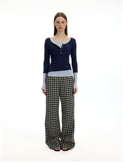 AFTADAWN Colorblock Faux Two Piece Henley Women&