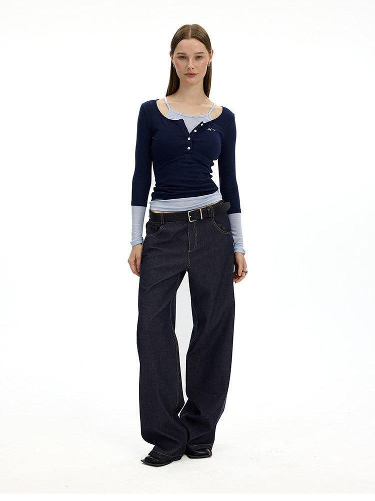 AFTADAWN Colorblock Faux Two Piece Henley Women&