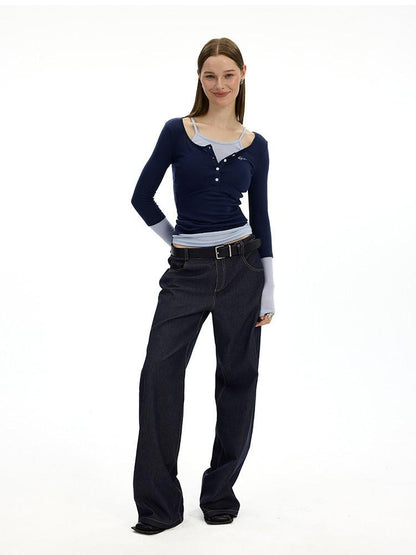 AFTADAWN Colorblock Faux Two Piece Henley Women&