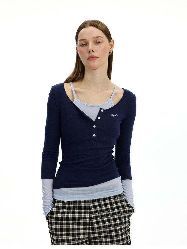 AFTADAWN Colorblock Faux Two Piece Henley Women&