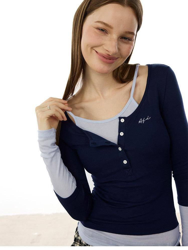 AFTADAWN Colorblock Faux Two Piece Henley Women&