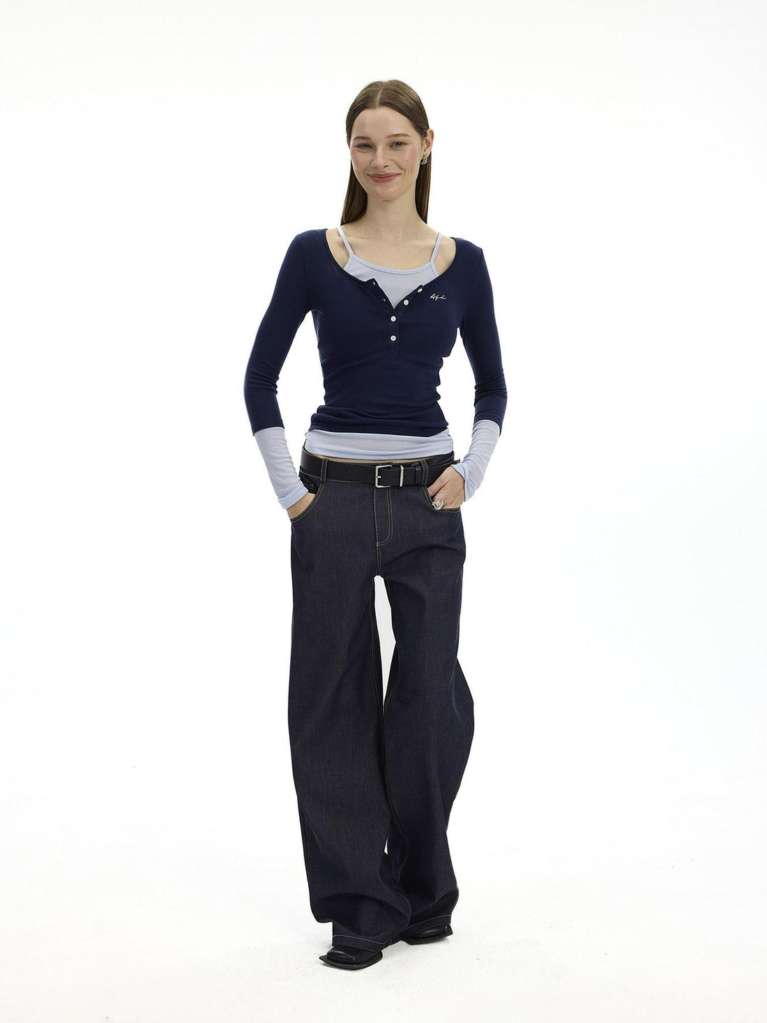 AFTADAWN Colorblock Faux Two Piece Henley Women&