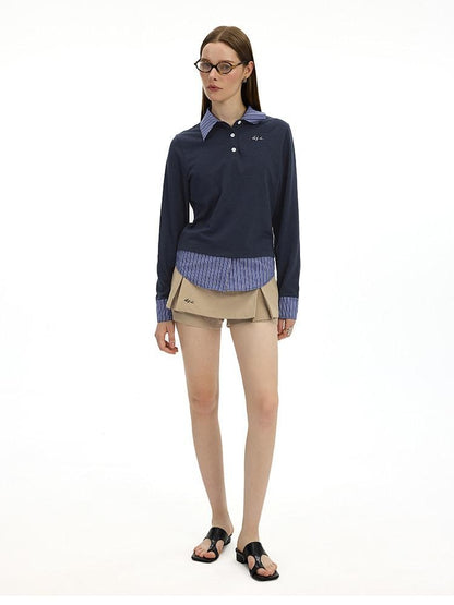 AFTADAWN Colorblock Faux Two Piece Polo Collar Striped Women&