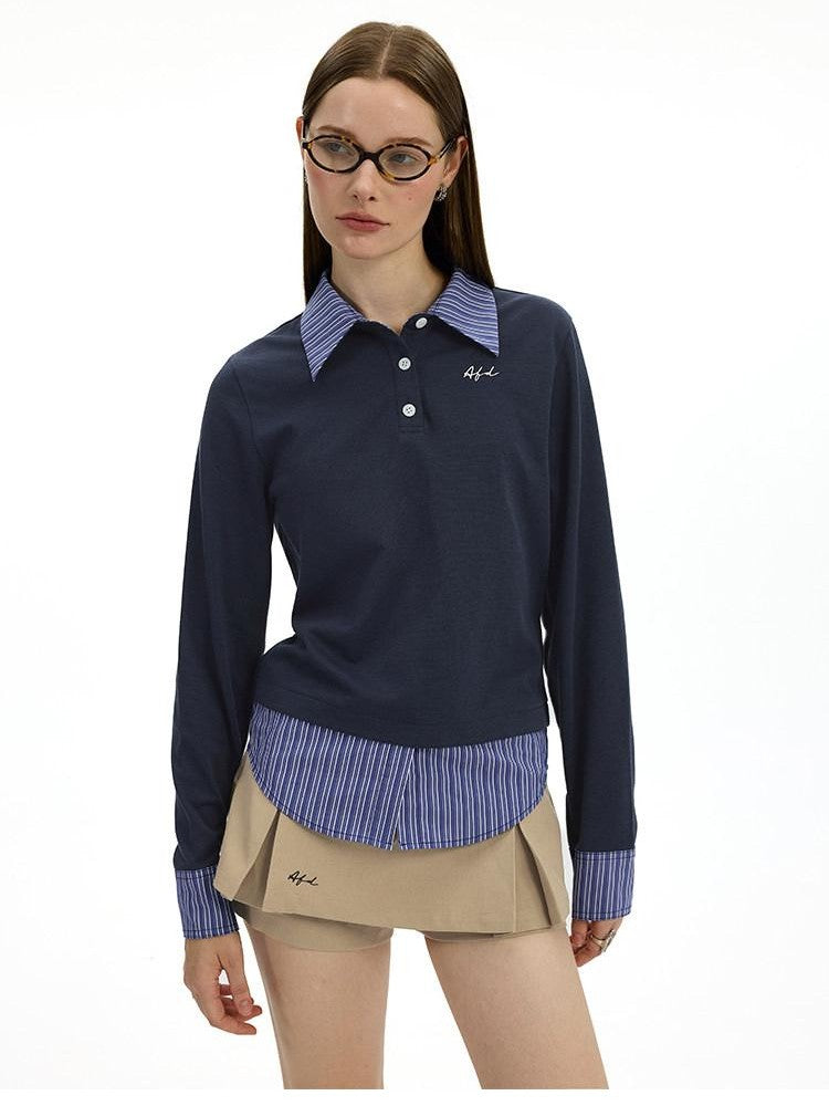 AFTADAWN Colorblock Faux Two Piece Polo Collar Striped Women&