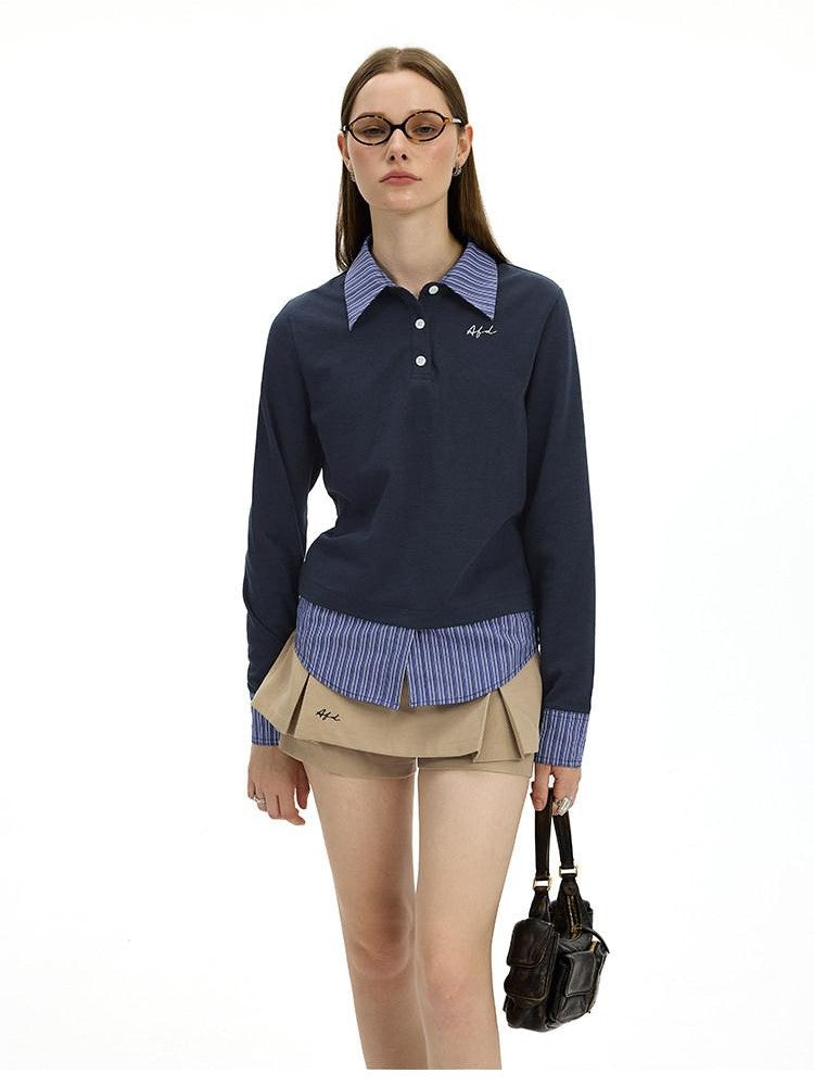 AFTADAWN Colorblock Faux Two Piece Polo Collar Striped Women&