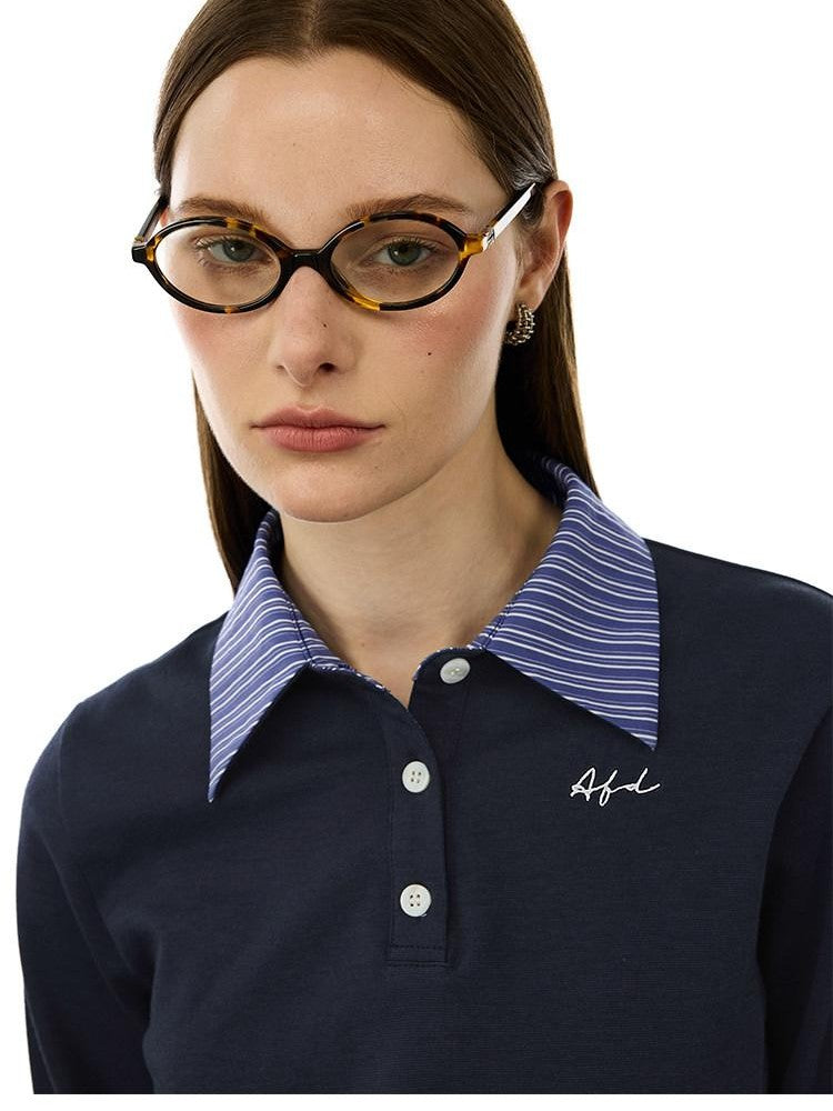 AFTADAWN Colorblock Faux Two Piece Polo Collar Striped Women&