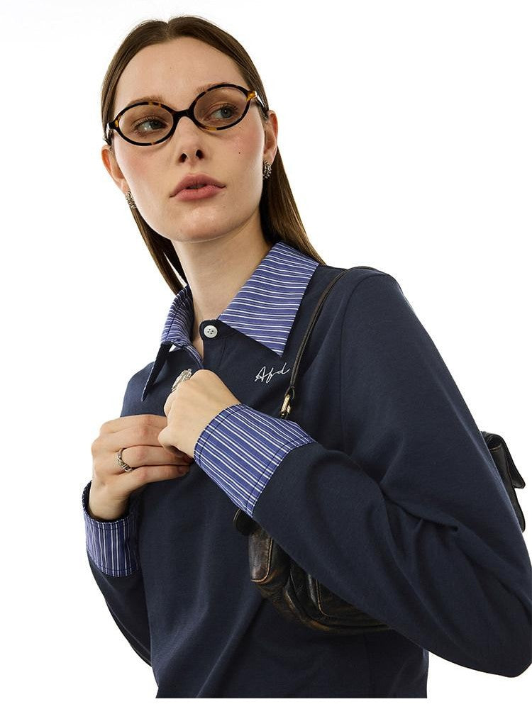 AFTADAWN Colorblock Faux Two Piece Polo Collar Striped Women&