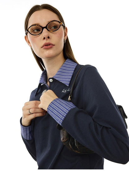 AFTADAWN Colorblock Faux Two Piece Polo Collar Striped Women&