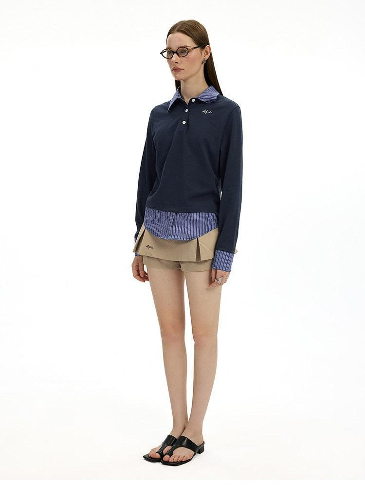 AFTADAWN Colorblock Faux Two Piece Polo Collar Striped Women&