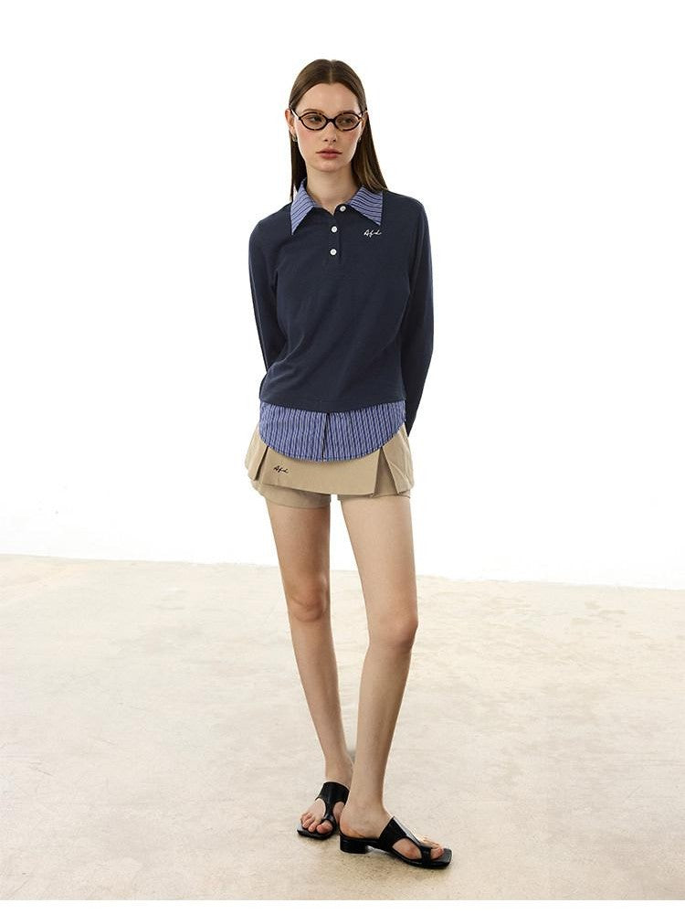 AFTADAWN Colorblock Faux Two Piece Polo Collar Striped Women&