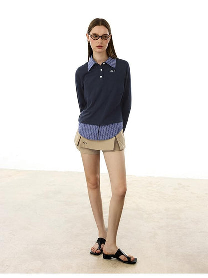 AFTADAWN Colorblock Faux Two Piece Polo Collar Striped Women&