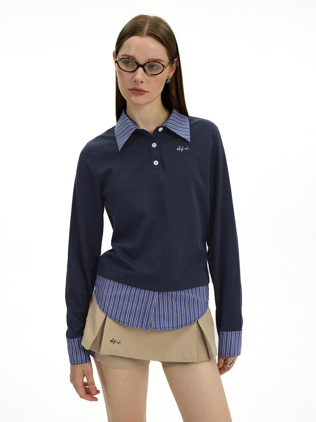 AFTADAWN Colorblock Faux Two Piece Polo Collar Striped Women&