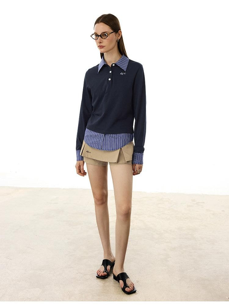 AFTADAWN Colorblock Faux Two Piece Polo Collar Striped Women&