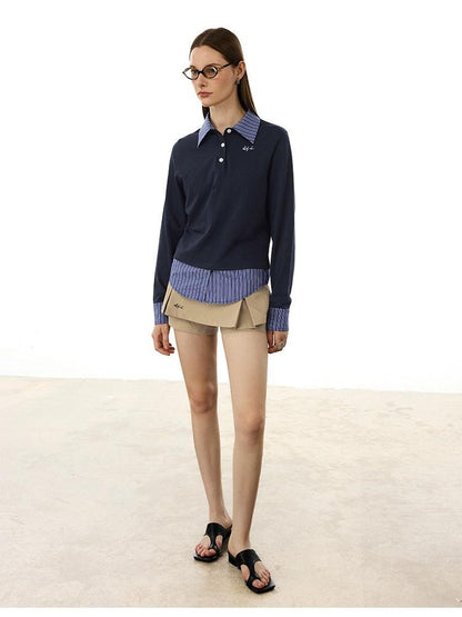 AFTADAWN Colorblock Faux Two Piece Polo Collar Striped Women&
