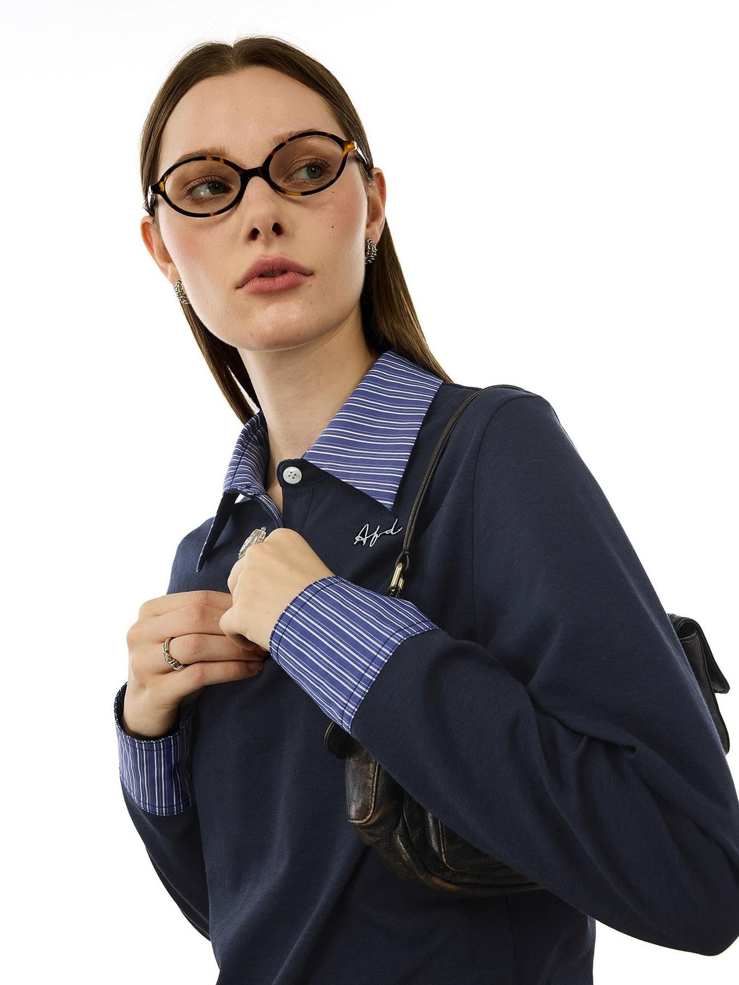 AFTADAWN Colorblock Faux Two Piece Polo Collar Striped Women&
