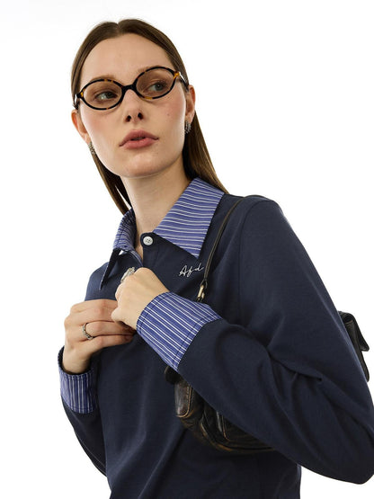 AFTADAWN Colorblock Faux Two Piece Polo Collar Striped Women&