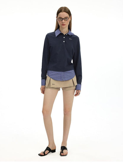 AFTADAWN Colorblock Faux Two Piece Polo Collar Striped Women&