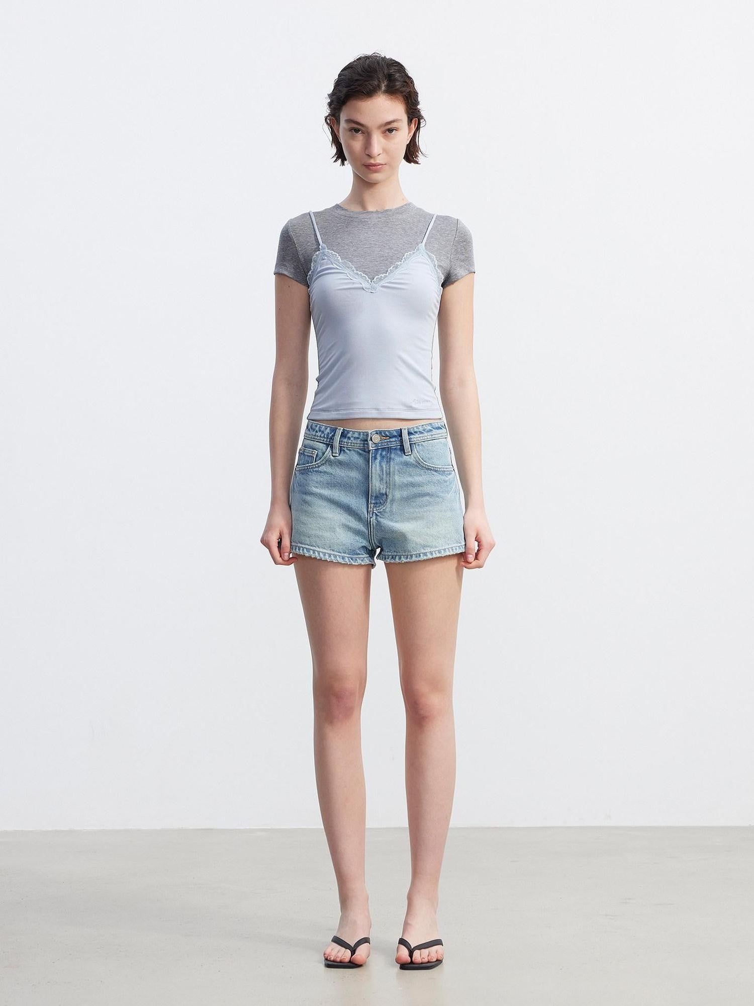 AFTADAWN Colorblock Lace Bow Layered Faux Two Piece Women&