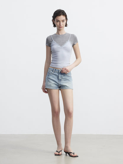AFTADAWN Colorblock Lace Bow Layered Faux Two Piece Women&
