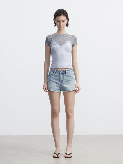 AFTADAWN Colorblock Lace Bow Layered Faux Two Piece Women&