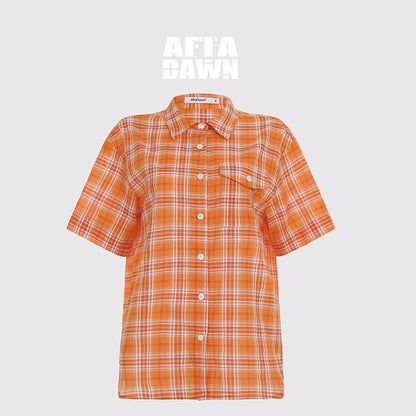 AFTADAWN_Colorblock_Plaid_Textured_Polo_Button_Loose_Short_Sleeve_Women&