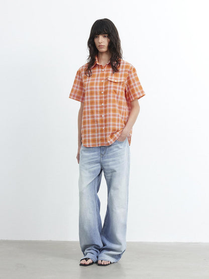 AFTADAWN Colorblock Plaid Textured Polo Button Loose Short Sleeve Women&