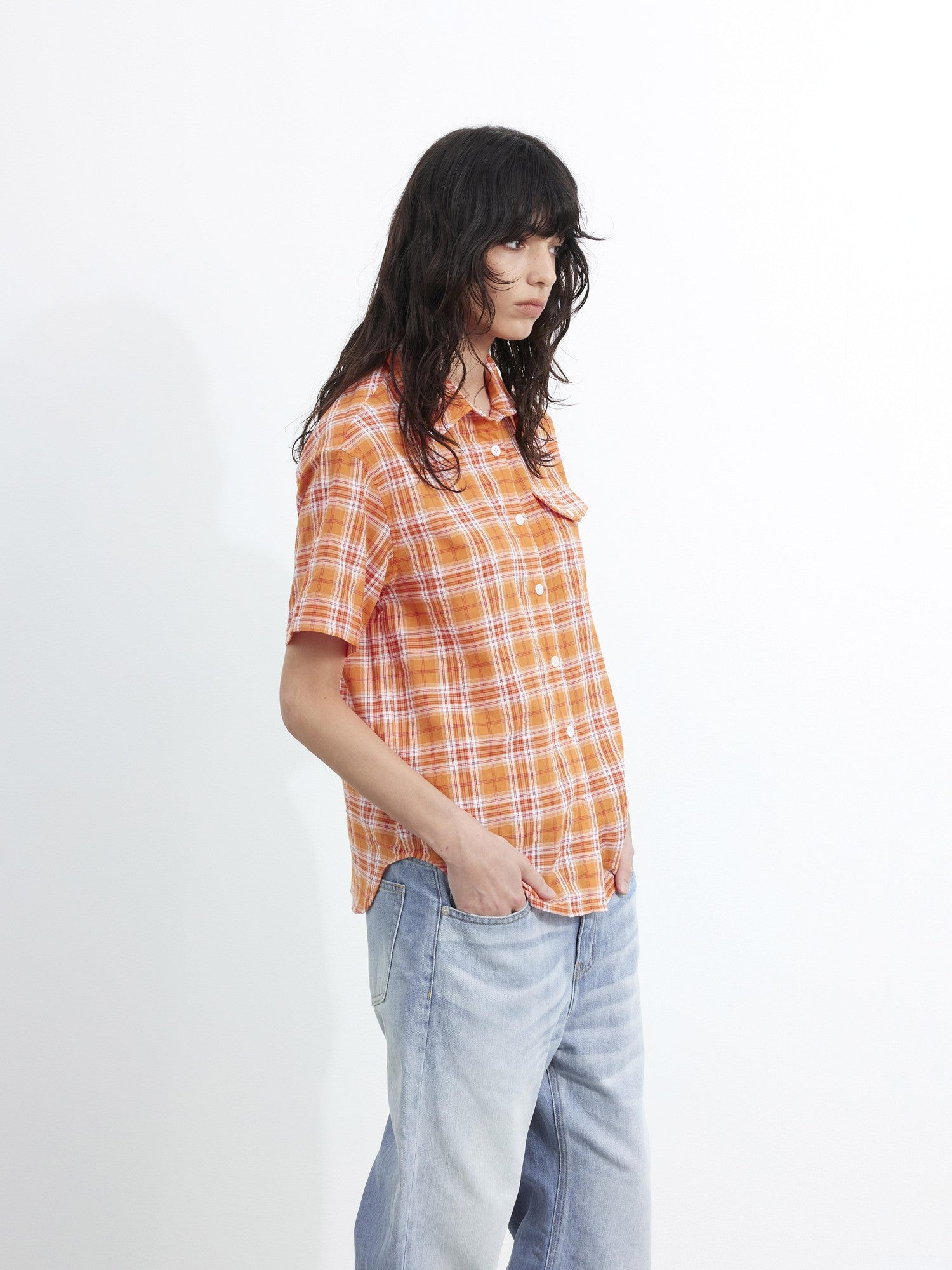 AFTADAWN Colorblock Plaid Textured Polo Button Loose Short Sleeve Women&