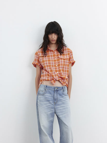 AFTADAWN Colorblock Plaid Textured Polo Button Loose Short Sleeve Women&