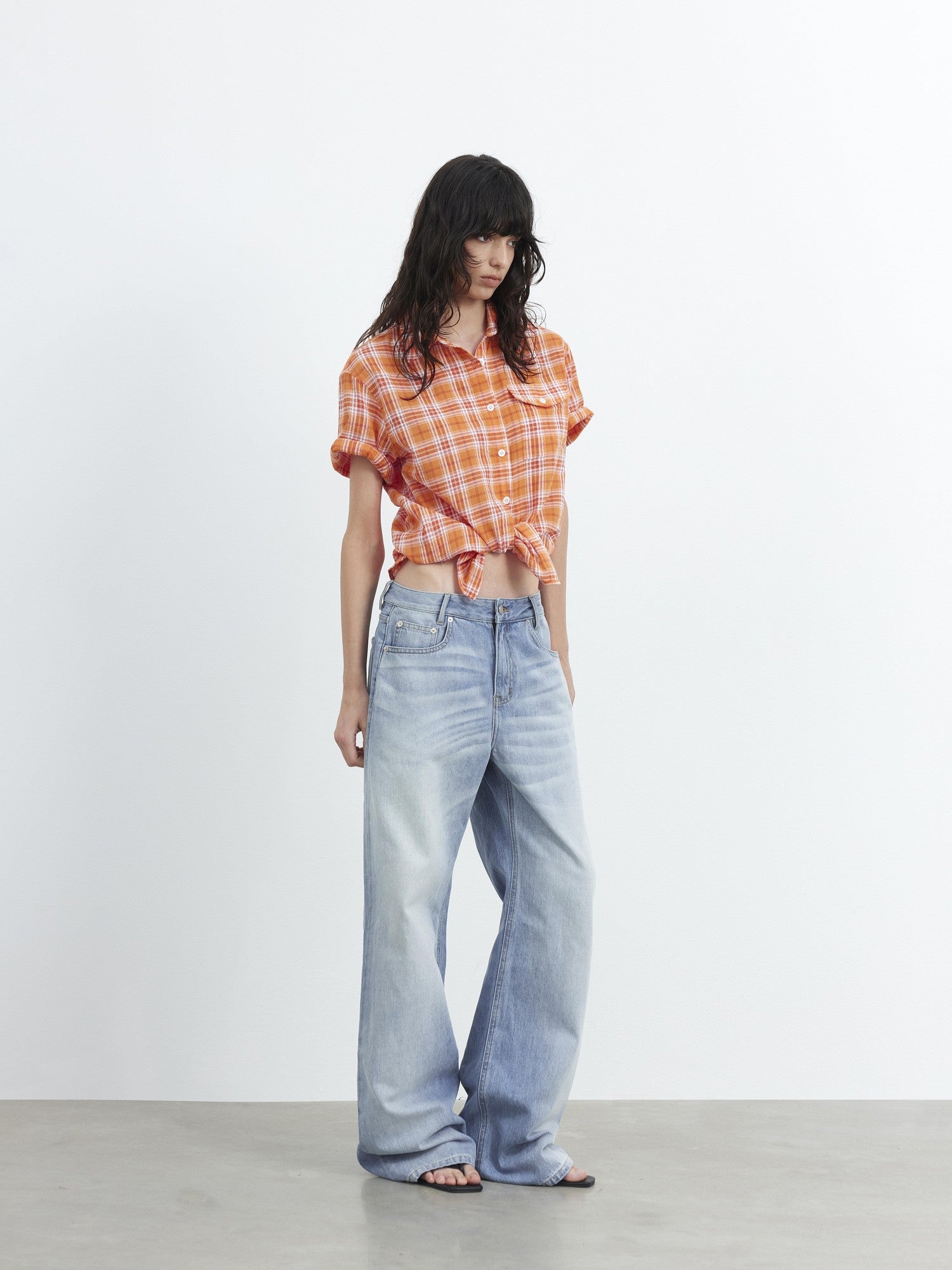 AFTADAWN Colorblock Plaid Textured Polo Button Loose Short Sleeve Women&
