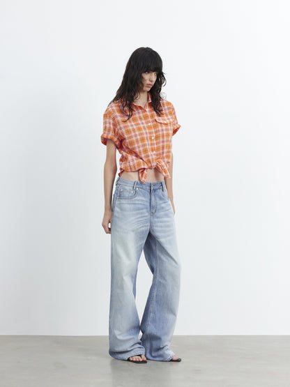 AFTADAWN Colorblock Plaid Textured Polo Button Loose Short Sleeve Women&