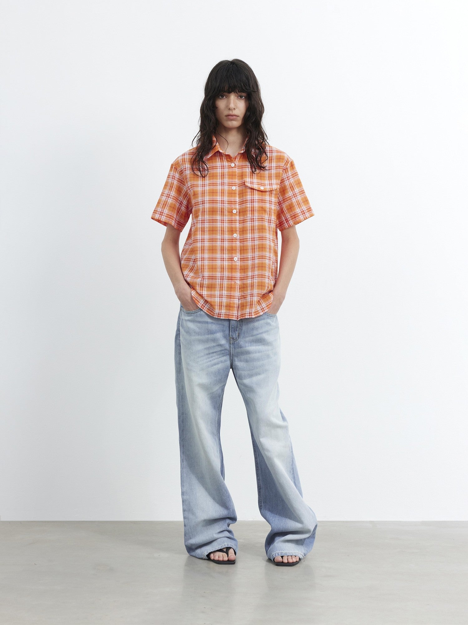 AFTADAWN Colorblock Plaid Textured Polo Button Loose Short Sleeve Women&
