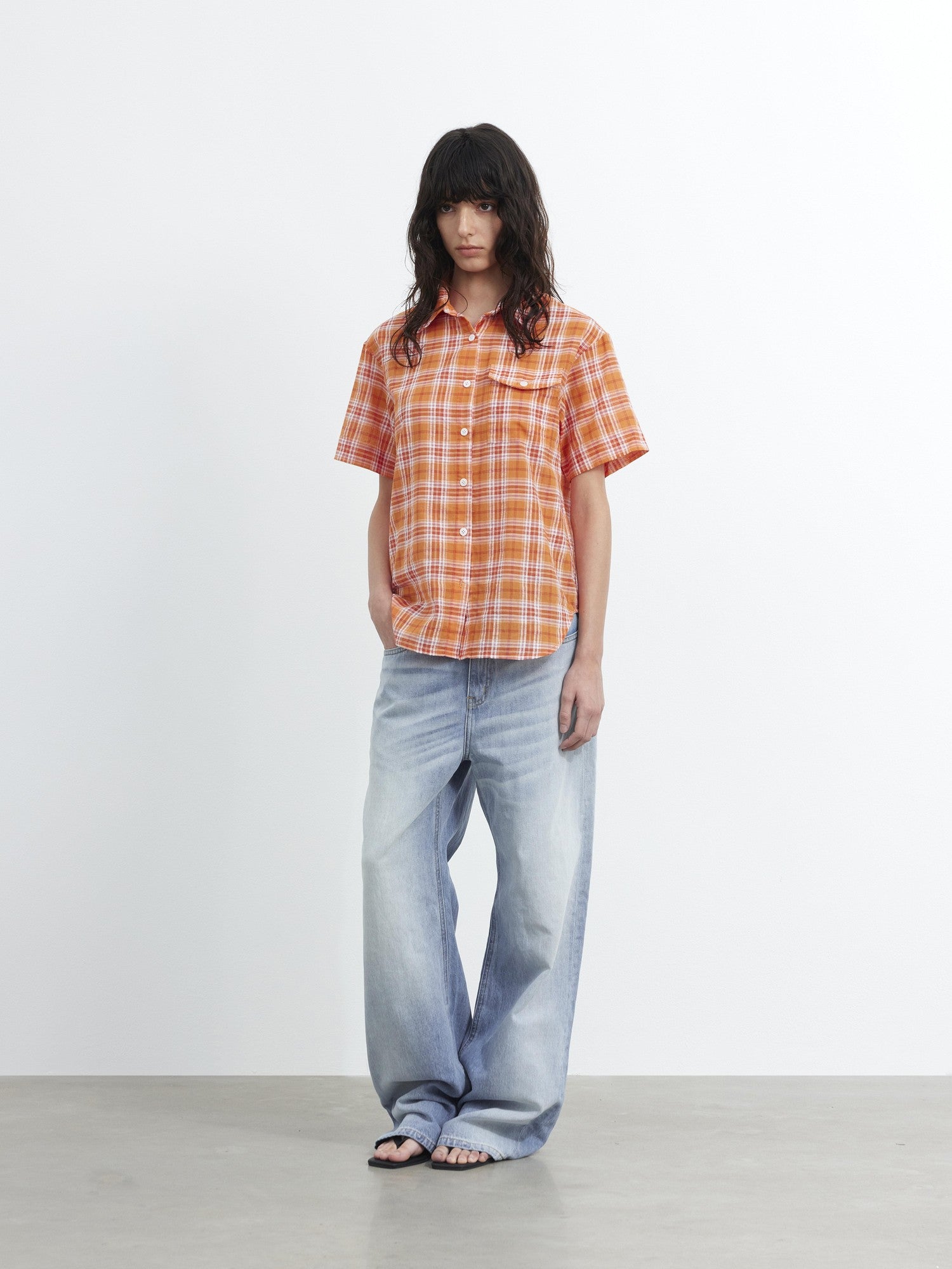 AFTADAWN Colorblock Plaid Textured Polo Button Loose Short Sleeve Women&