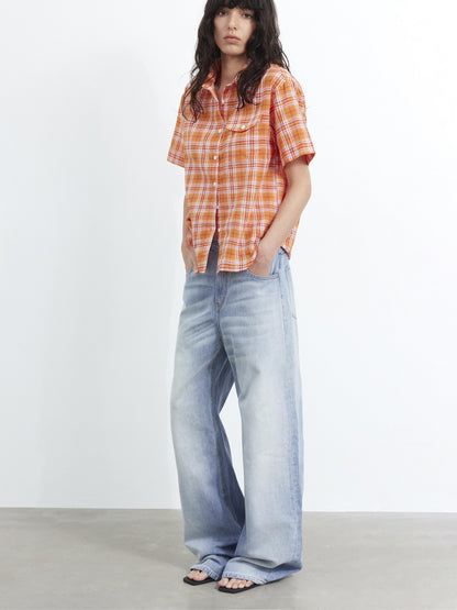 AFTADAWN Colorblock Plaid Textured Polo Button Loose Short Sleeve Women&