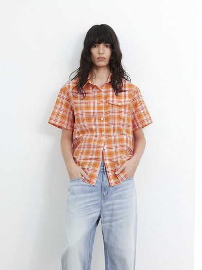 AFTADAWN Colorblock Plaid Textured Polo Button Loose Short Sleeve Women&
