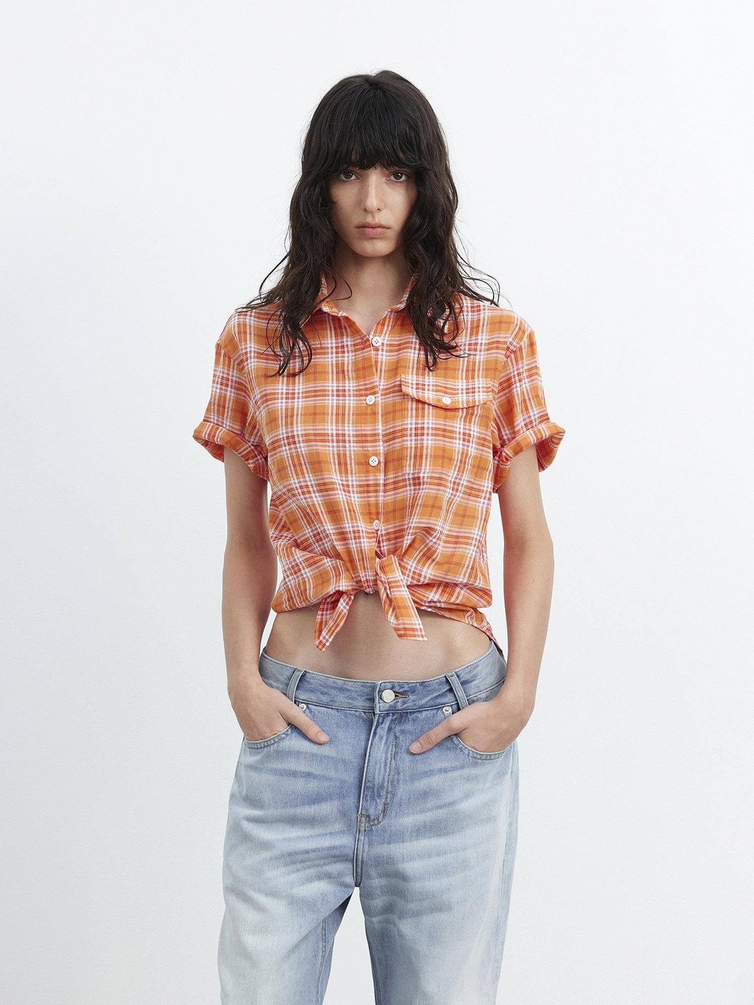 AFTADAWN Colorblock Plaid Textured Polo Button Loose Short Sleeve Women&