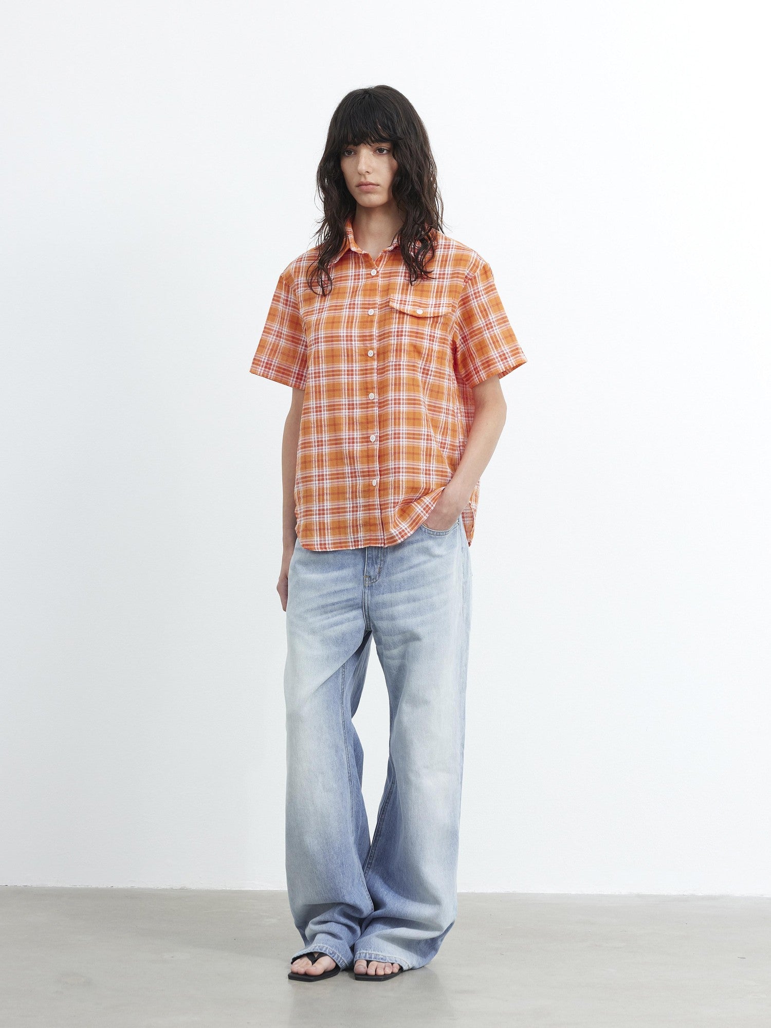 AFTADAWN Colorblock Plaid Textured Polo Button Loose Short Sleeve Women&
