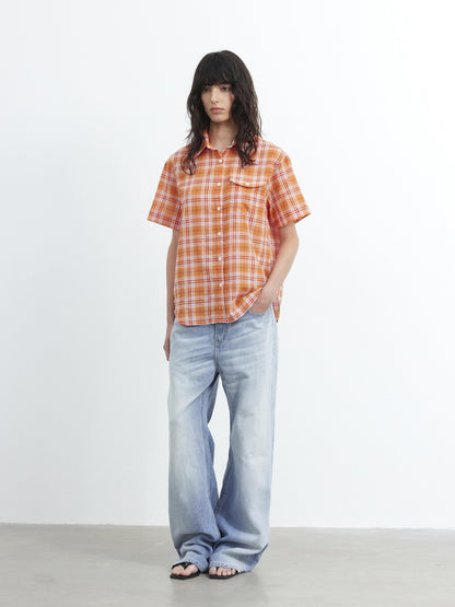 AFTADAWN Colorblock Plaid Textured Polo Button Loose Short Sleeve Women&