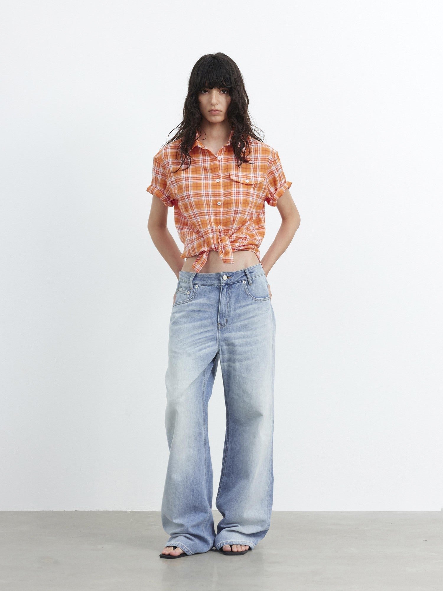 AFTADAWN Colorblock Plaid Textured Polo Button Loose Short Sleeve Women&