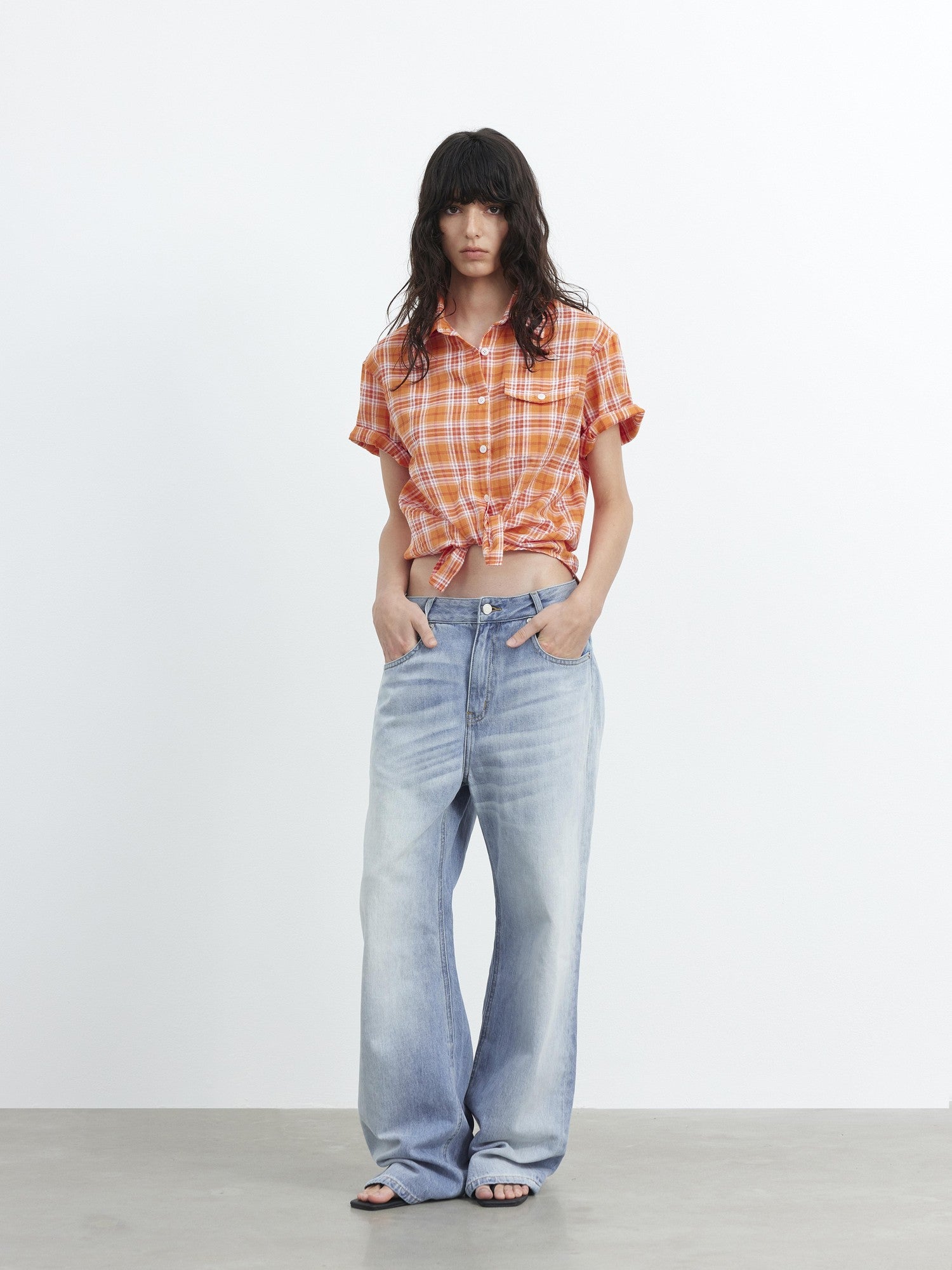 AFTADAWN Colorblock Plaid Textured Polo Button Loose Short Sleeve Women&