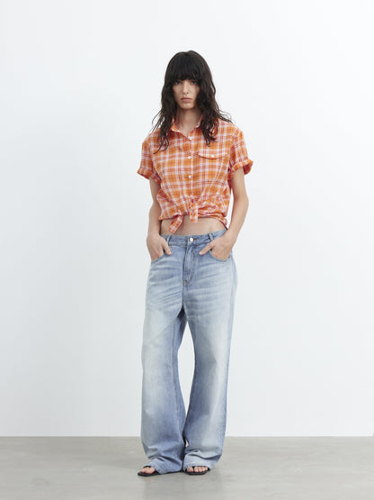 AFTADAWN Colorblock Plaid Textured Polo Button Loose Short Sleeve Women&