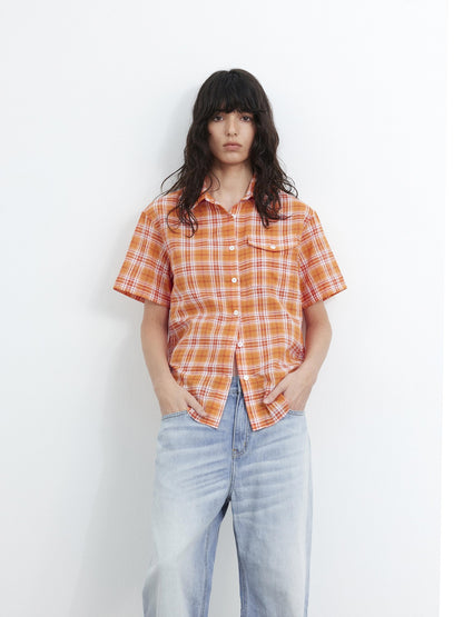 AFTADAWN Colorblock Plaid Textured Polo Button Loose Short Sleeve Women&