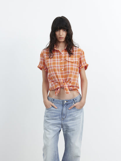 AFTADAWN Colorblock Plaid Textured Polo Button Loose Short Sleeve Women&