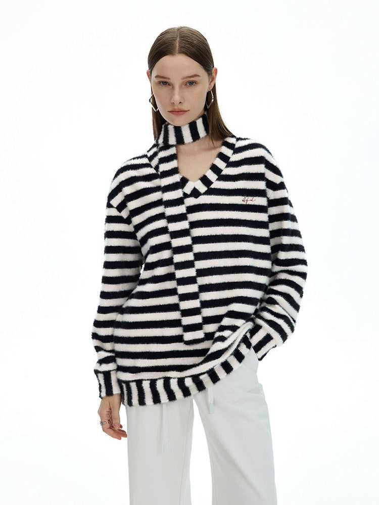 AFTADAWN Colorblock Striped V-neck Knit Embroidered Relaxed Women&