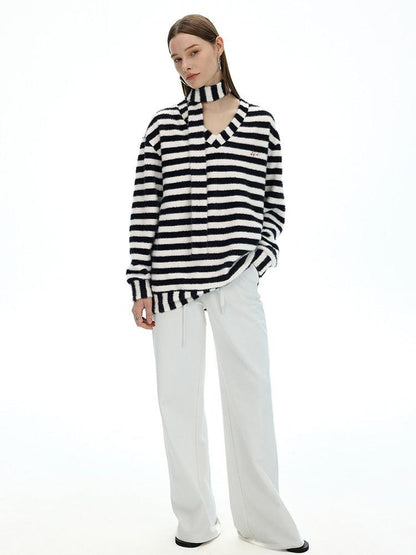 AFTADAWN Colorblock Striped V-neck Knit Embroidered Relaxed Women&