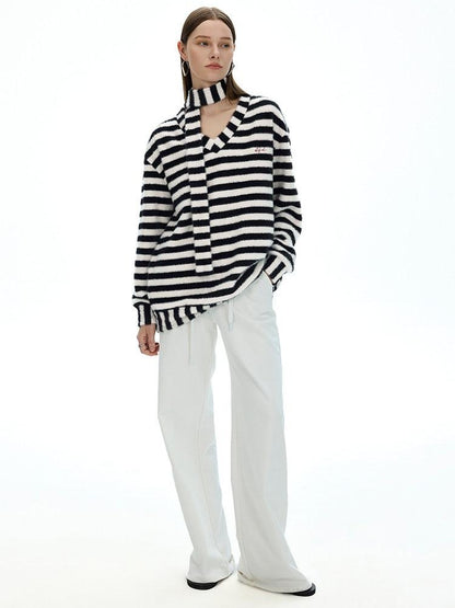 AFTADAWN Colorblock Striped V-neck Knit Embroidered Relaxed Women&