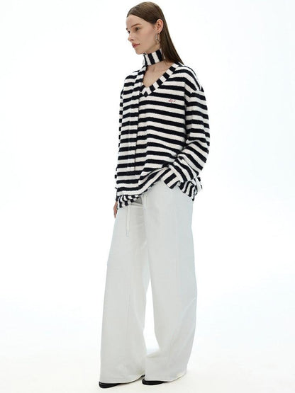 AFTADAWN Colorblock Striped V-neck Knit Embroidered Relaxed Women&