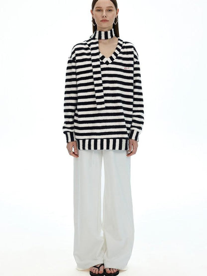 AFTADAWN Colorblock Striped V-neck Knit Embroidered Relaxed Women&