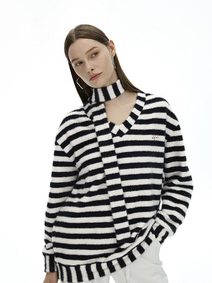 AFTADAWN Colorblock Striped V-neck Knit Embroidered Relaxed Women&